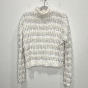 Candie’s Y2K Faux Mohair Striped‎ Mockneck Boxy Sweater Women’s Sz M Metallic